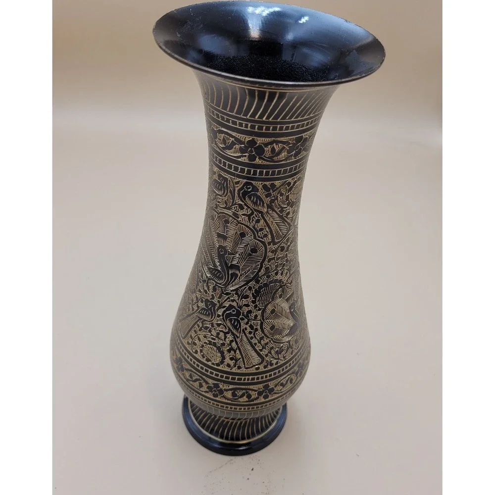 Vintage Etched Brass Peacock Vase Black Floral Engraved Metal Decor 9.5 Inch